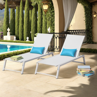 2PC White Outdoor Chaise Lounge,Patio & Poolside Adjustable Mesh Recliner