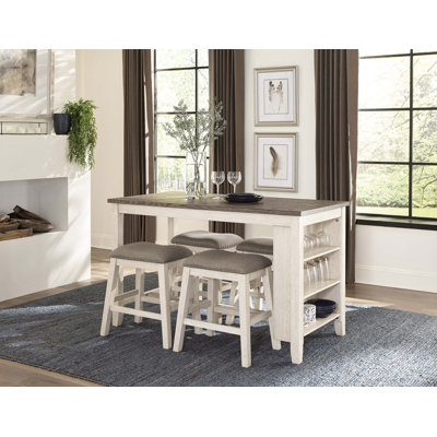 Table multifonctionnelle à hauteur de comptoir 5 pièces avec 4 tabourets garniture cloutée en tissu