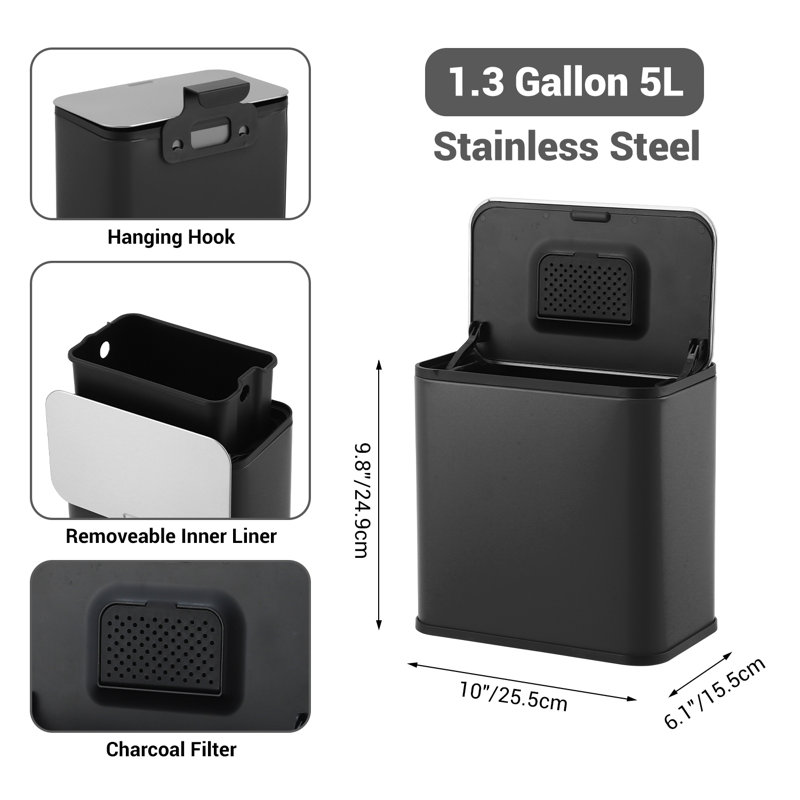 Poubelle suspendue 1,3 gallon, bac de cuisine en acier inoxydable avec couvercle, seau intérieur et filtre à charbon, pour comptoir ou sous l'évier, noir