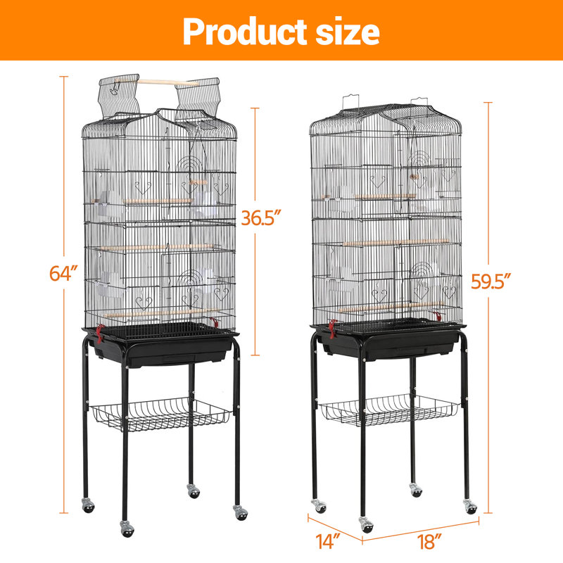 162cm Large Wrought Iron Bird Cage with Open Play Top – Flight Cage for Parrots, Conures, Cockatiels, Lovebirds, Parakeets, Budgies – Heavy-Duty Detachable Rolling Stand & Storage Shelf–Black Color