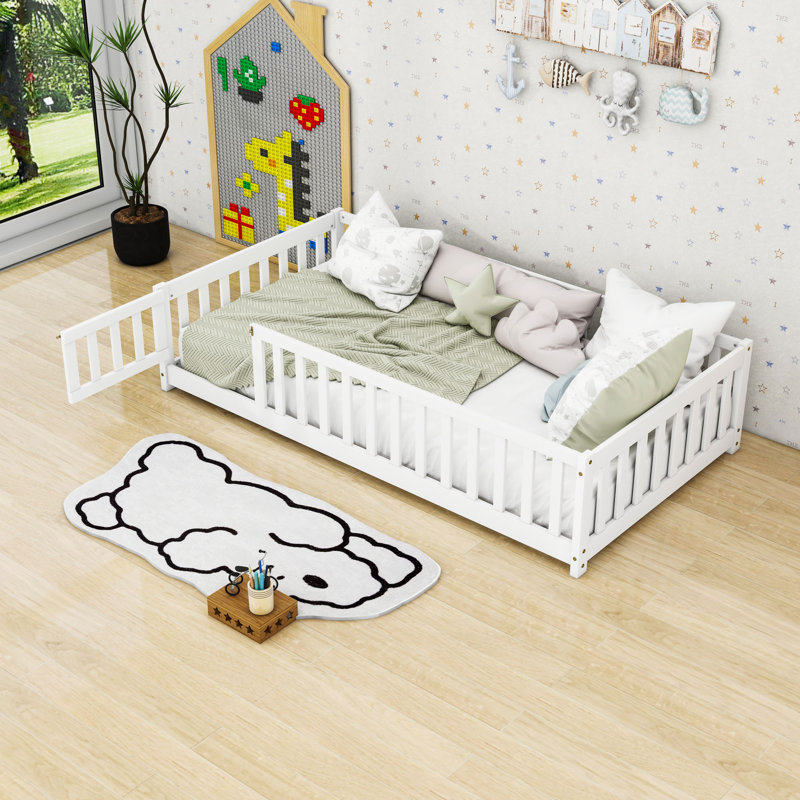 Wooden Floor Bed With Guardrails And Slats, Twin, White