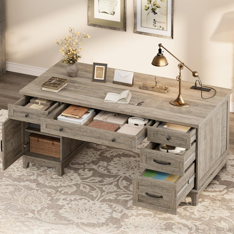 60" Wooden Home Office Desk with File Drawers, Executive Desk with Adjustable Cabinet, Gray/Gray