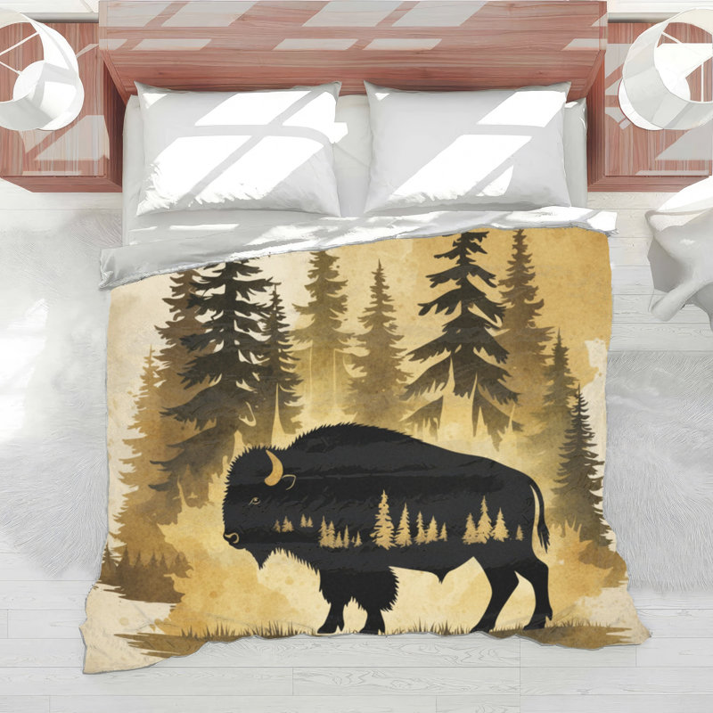 Bison In Forest Scene Comforter, Twin Extra Long, Dark Brown Black