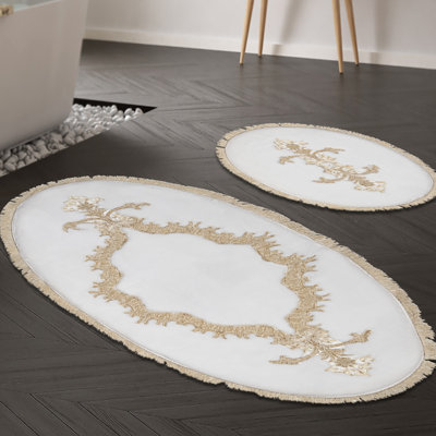 Luxurious Bathmat Set (2 Pieces), Cream Color, 21.7 x 25.6 inches & 25.6 x 45.3 inches | 100% Polyester, 0.6 in Pile Height | Non-Slip, Antibacterial, Machine Washable | Perfect for Bathroom Comfort & Style