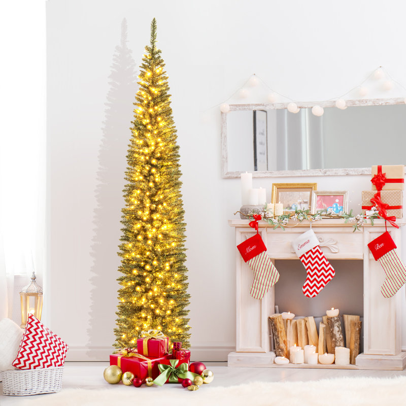 9FT Artificial Christmas Tree Pre-lit Pencil Xmas Tree with Branch Tips Warm White LED Lights, 9 Ft.
