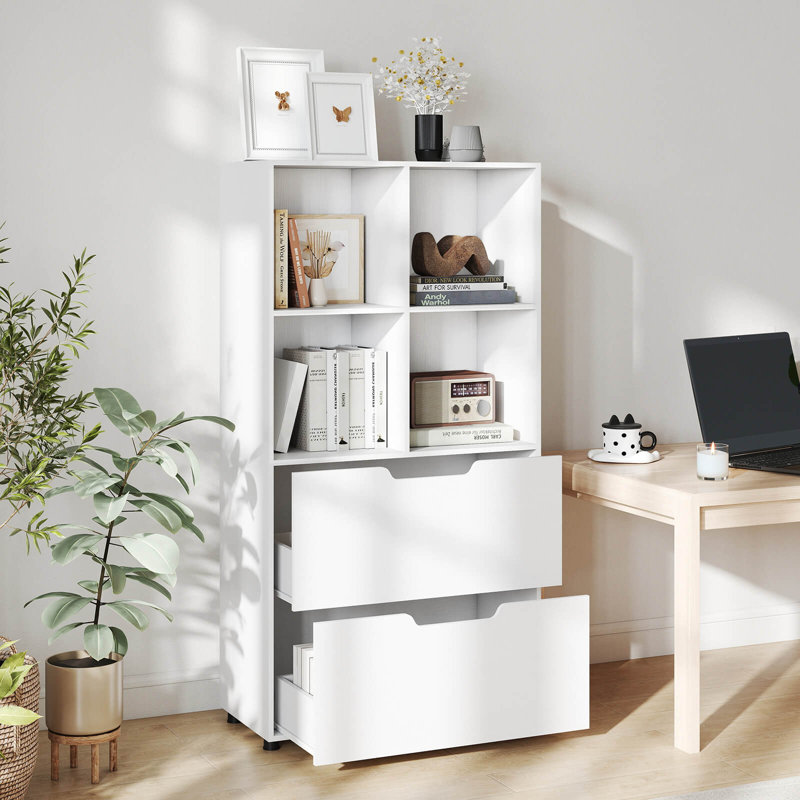 2PCS 51” 5-Tier 4-Cube Bookcase with 2 Drawers for Living Room, Study, Home Office White, White