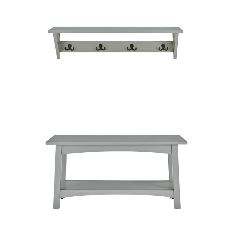 Lund 36" Wide Wall Mount Hall Tree Set With 4 Coat Hooks And A Bench With Shoe Storage, Gray