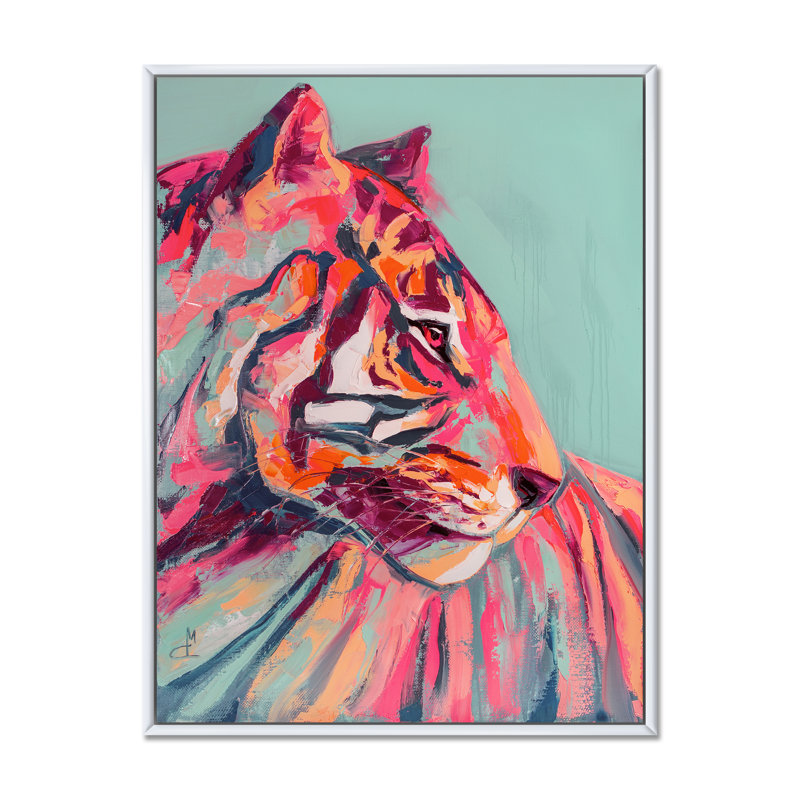Œil de tigre rose, coup de peinture - peinture, H 20 po x l 12 po, Reproduction avec cadre flottant, Blanc
