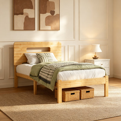 Cadre de lit simple de 14 pouces, cadre de lit plateforme avec tête de lit et base en bois massif, support de lattes de bois, aucun sommier requis, assemblage facile