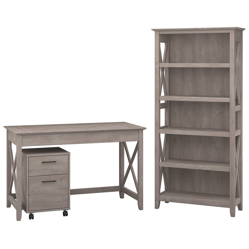 Huckins 3 Piece Writing Desk Office Set with Bookcase, Washed Gray
