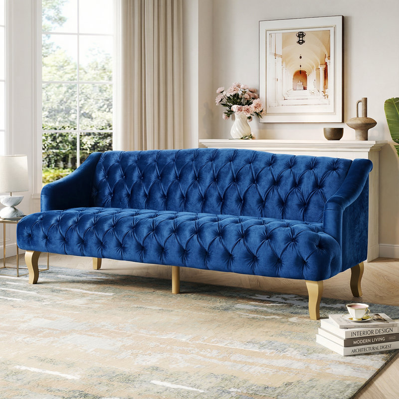 Flared Arm Sofa,Comfy 3-seat Sofa with Wooden Legs, for Living Room and Study, Curved Incorrect, Dark Blue Velvet