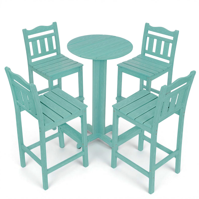 5-piece All-weather Poly Lumber Patio Bar Set - Heavy Duty Hdpe High Top Bistro Table & 2 Stools With Ergonomic Curved Saddle Seats - Outdoor Bar Stools Set For Poolside, Balcony & Deck