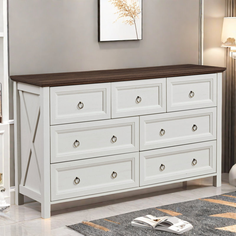 Commode de ferme Adeewa avec 7 tiroirs et boutons ronds en métal, Blanc/noyer