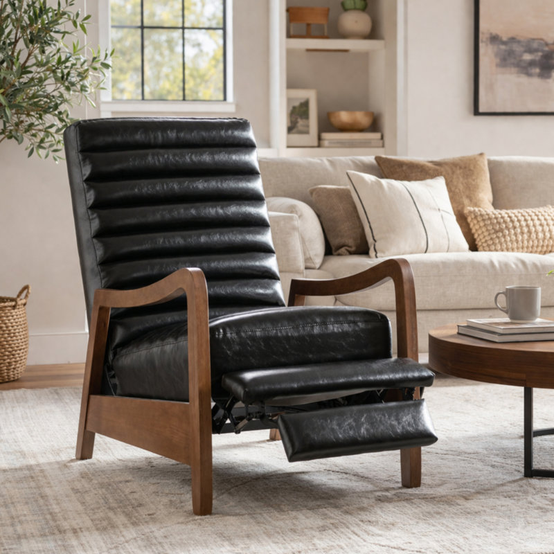 Ikraam Chance 26" Luxurious Oil Wax Upholstered Push Back Recliner with Parawood Frame, Black 