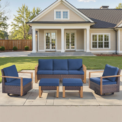 5 Pieces Metal Wicker Patio Furniture Set With Sofa, Two Swivel Chairs And Two Ottomans, All Weather Rattan Outdoor Conversation Furniture With Washable Cushions For Porch
