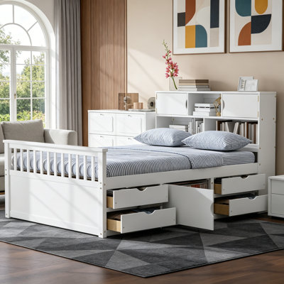 Full Size Captain Platform Bed Frame With Storage Bookcases, Shelves, And Four Drawers, White