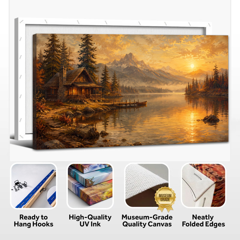 Tableau sur toile représentant un chalet au bord d'un lac, une cabane dorée dans la forêt et des eaux calmes, un paysage rustique et pittoresque, une décoration horizontale grand format pour le salon, la chambre ou le bureau, prêt à accrocher, 50 x 100 cm