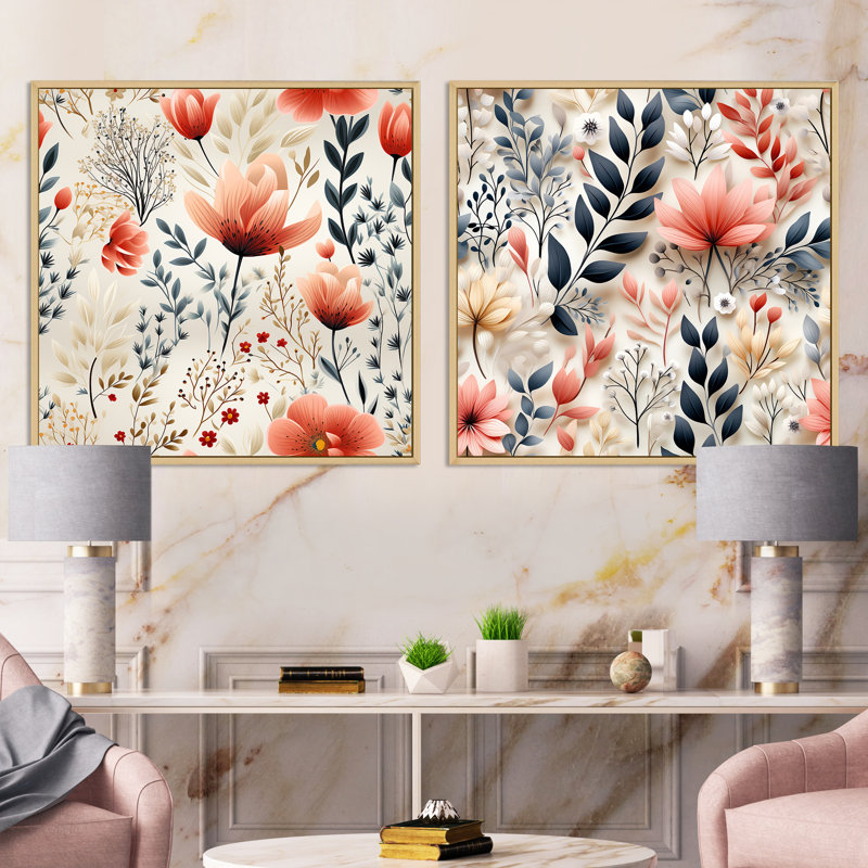 Wisbech - Ensemble de 2 collages carrés floral et botanique, Cadre flottant brun, H 30 po x l 61 po