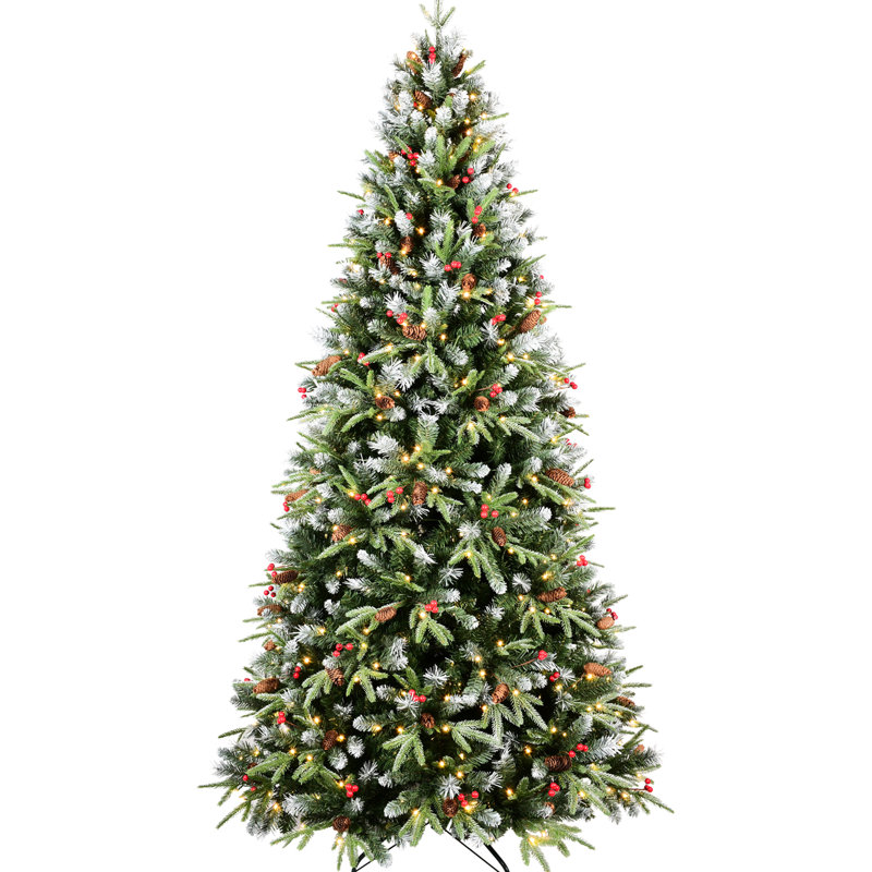 Arbre de Noël de 7,5 pi décoré, pin, baies rouges, branches enneigées pour un décor hivernal réaliste Pe + Branches, conception à charnières
