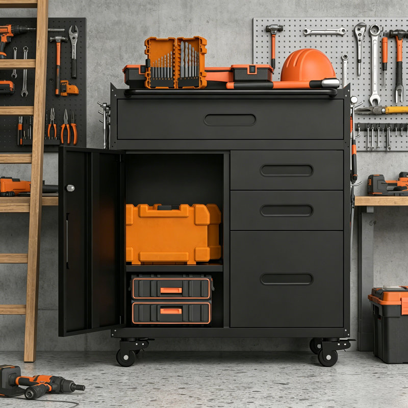 34.3 Inch Heavy Duty Rolling Steel Tool Cabinet, 4 Drawer Garage Storage Organizer With Secure Lockable Compartment For Workshop & Home Use