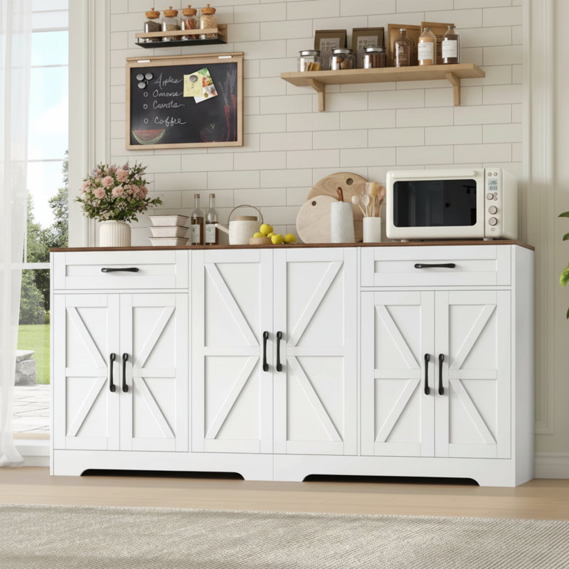 White Six-Door Farmhouse-Style Sideboard With Two Adjustable Shelves.