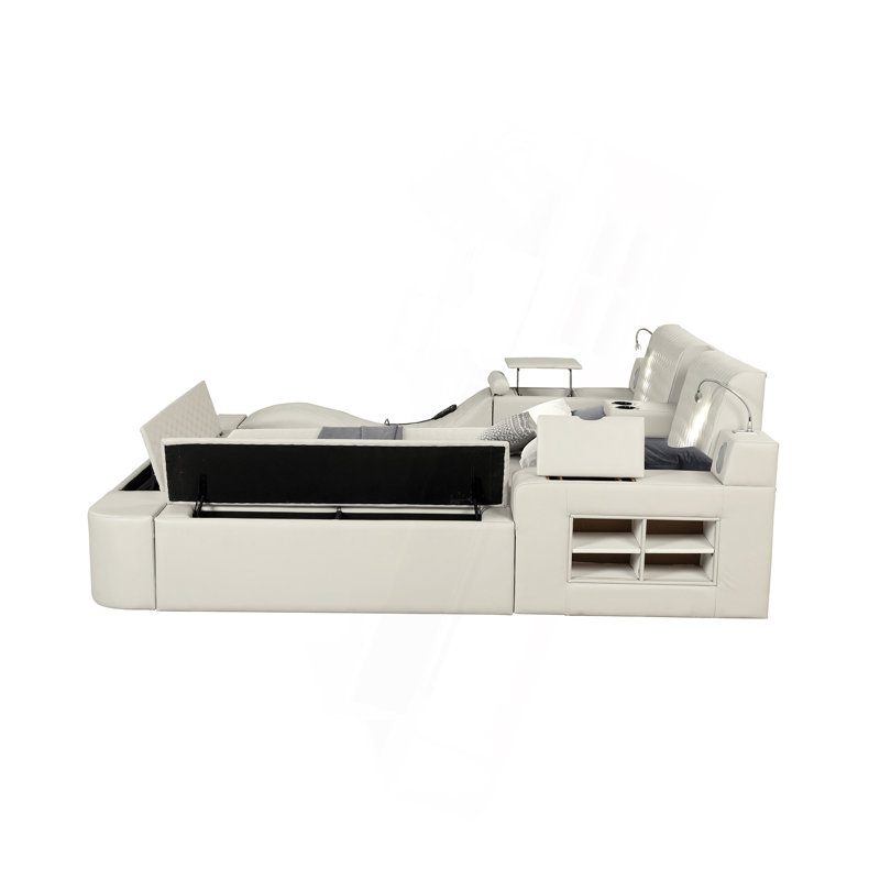 Lit multifonctionnel intelligent avec masseur en bois et similicuir beige, Grand lit