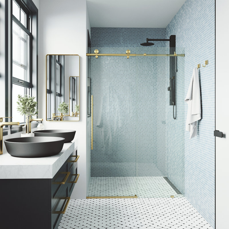 Elan E-Class 56-60" W x 76" H Sliding Frameless Shower Door with 3/8" Clear Glass, Matte Brushed Gold