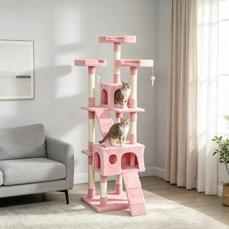 173cm Multi‑Level Cat Tree Activity Play Centre with Cat Houses & Sisal Scratching Boards, Pink