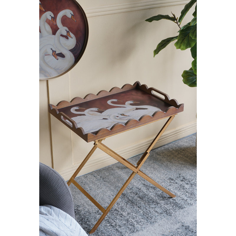 Table-plateau 23,5 po x 15,5 po x 24 po en MDF brun avec motif de cygne blanc et base en fer