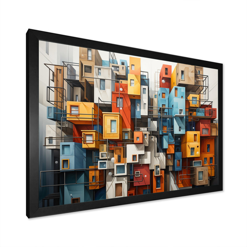 «Cityscape Bluiding Geometric Collage I», reproduction sur toile, Cadre simple noir, H 12 po x l 20 po x P 1 po