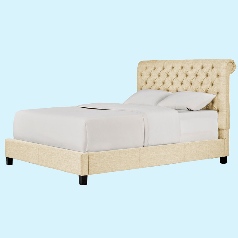 Structure de lit rembourrée en tissu avec tête de lit réglable / style Chesterfield / support à lattes de bois, Beige