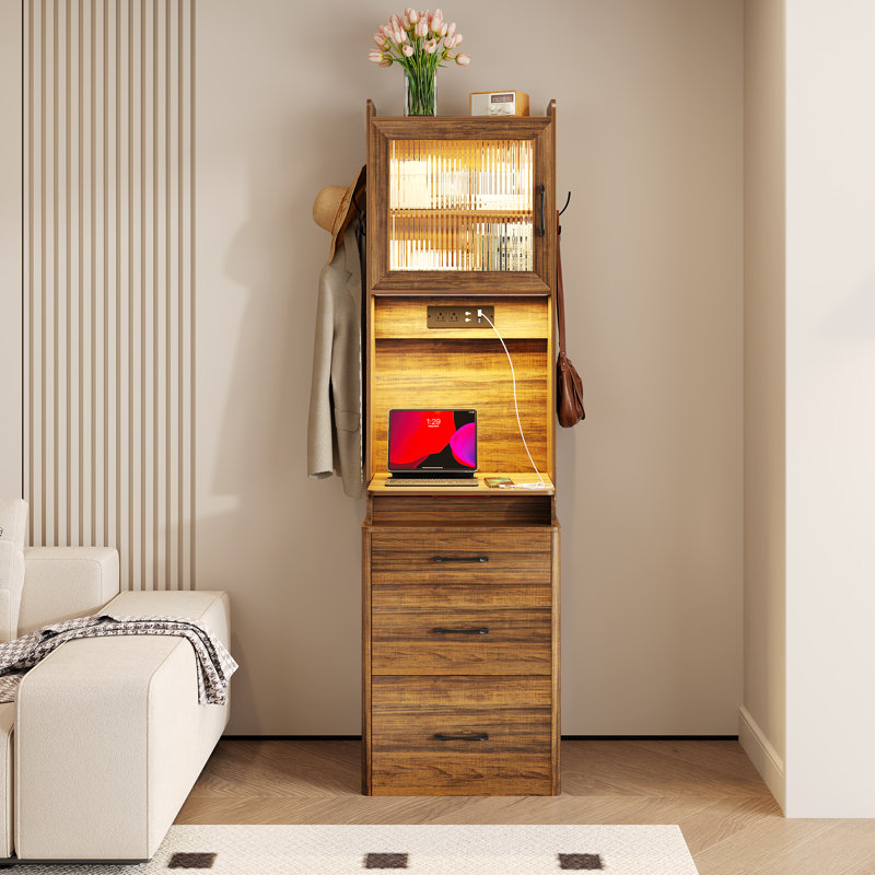Tall Dressing Table with Motion Sensor 3-colour lighting, Foldable Cosmetic Mirror, Charging Socket,, Brown