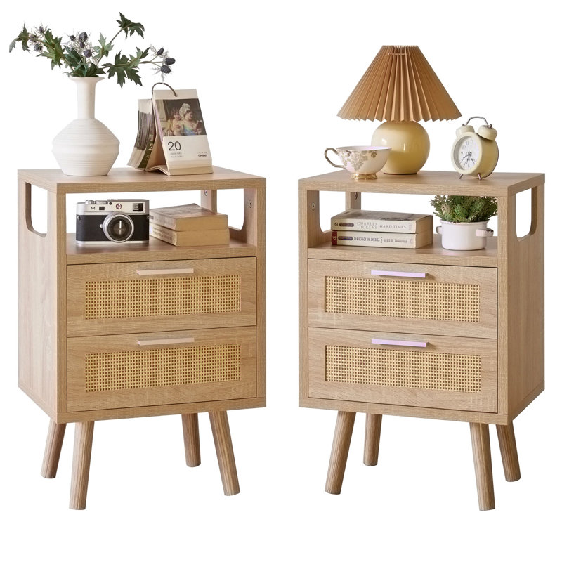 Ensemble de 2 tables de chevet avec tiroirs et rangement en bois, Bois naturel