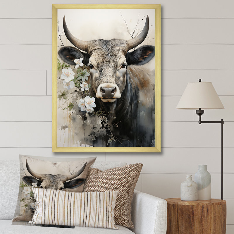 Baylian, art asiatique, vache Sumi X, H 40 po x l 30 po x P 1,5 po, Encadrement doré