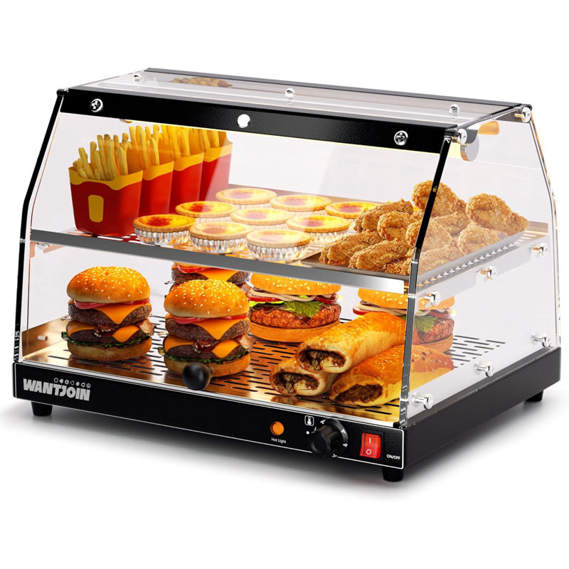  Présentoir de chauffe-plats électrique commercial à 2 niveaux avec éclairage DEL et porte en verre réglable, cadre en métal noir pour buffet et restaurant