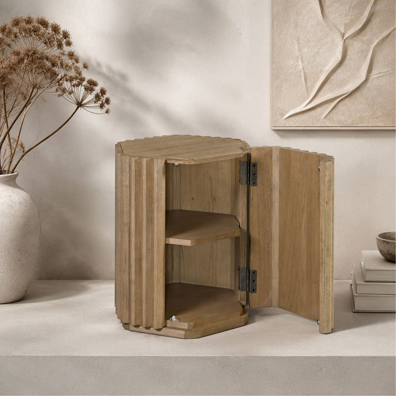 Modern Hexagonal  Oak Veneer Storage Accent Table – Wheat Finish