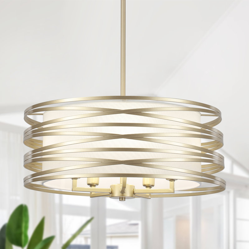 5 - Light 18.9" Dimmable  Farmhouse Modern Drum Chandelier For Dining Room, Bedroom, White/Gold