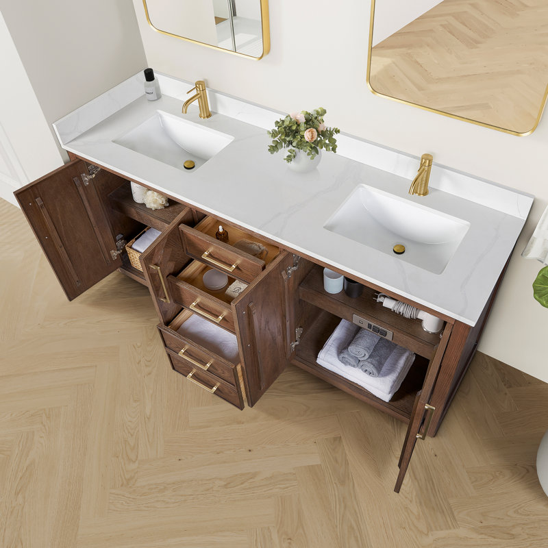 Meuble-lavabo double de 72 po avec plateau en pierre de quartz blanc Jakarta, Chêne brun foncé vieilli, Or brossé