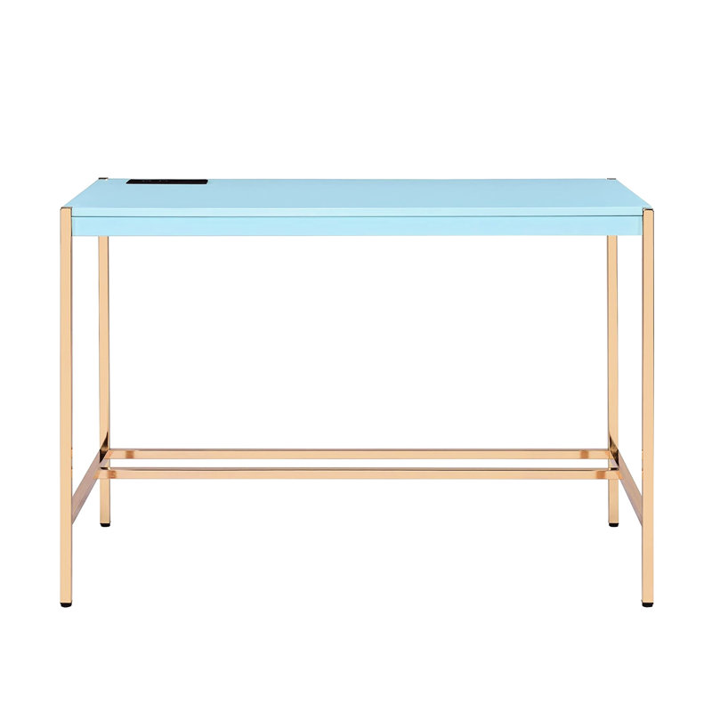 Bureau d'écriture rectangulaire avec teinte bleue et dorée, bâbord, conception fixe, finition brillante, base ouverte en métal blanc, largeur de 20 po, surface lustrée de 30 po