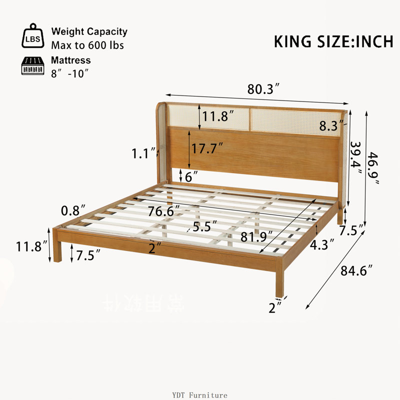 Base de lit plateforme en bois d'hévéa avec tête de lit, naturel, King