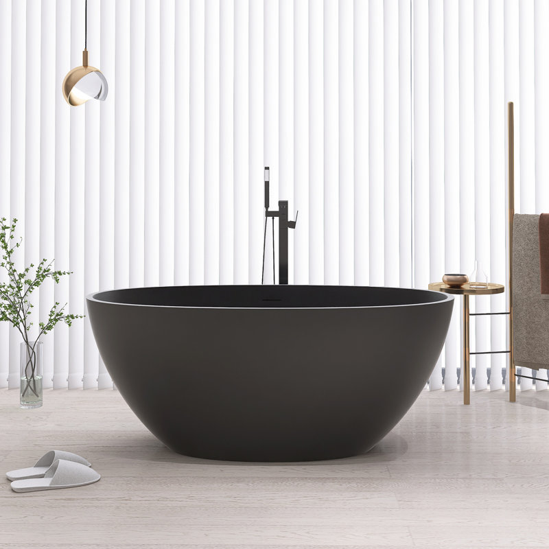 55-Inch Freestanding Solid Surface Bathtub With Drain, Matte Black