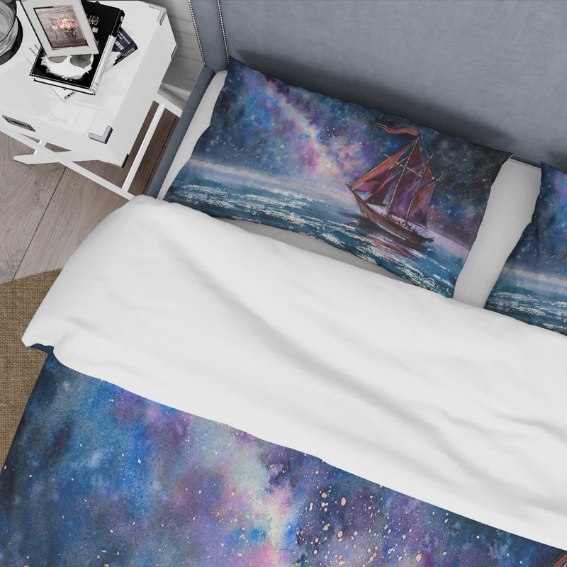 Voilier en bois avec voiles rouges et ciel nocturne brillant - ensemble de housse de couette nautique - microfibre de polyester