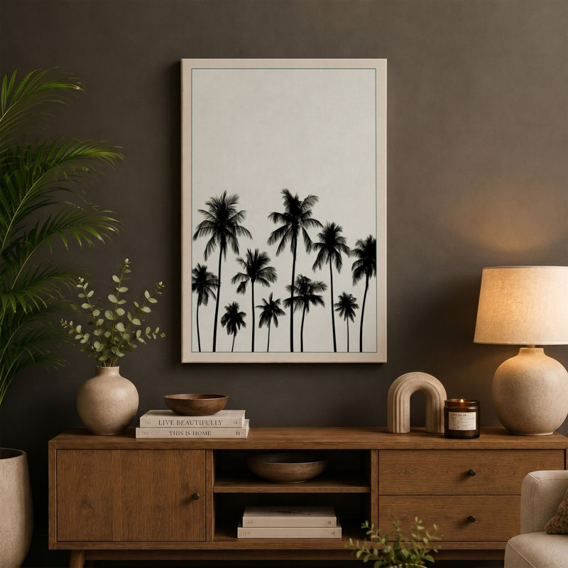 Palm Trees at Dusk Minimalist - Wrapped Canvas, 18x12 - 45.7 x 30.5 cm, Teal Border