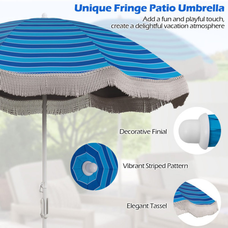 6.5 FT Beach Umbrella With Fringe Outdoor Tassel Umbrella With Push Button Tilt