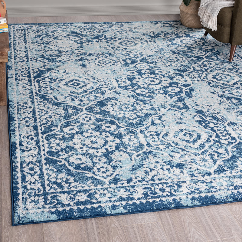 Blue/Cream Traditional Oriental Indoor Area Rug for Living Room, Dining Room, Bedroom, Rectangle 7'10" x 10'2"