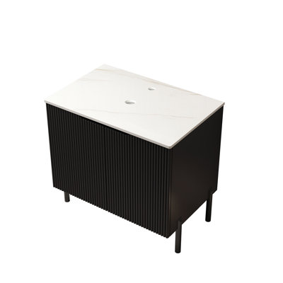 30" TURIO Freestanding Carrara White Sintered Stone Countertop And Black Plywood Cabinet With Two Doors, NO Basin, NO Faucet And Sink Cover