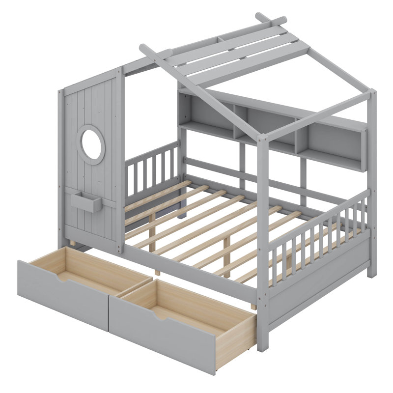 Lompico Wooden House Bed, Gray, Full