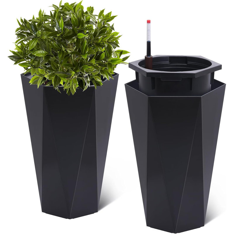 22,5 pouces noir grande jardinière à arrosage automatique en forme de losange avec indicateur de niveau de liquide base carrée avec roues