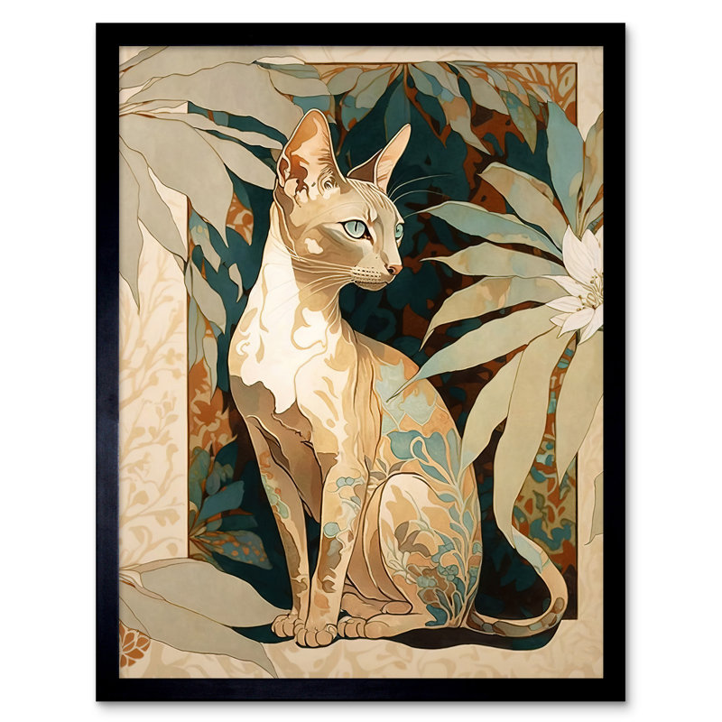 Oriental Shorthair Cat Botanical Pattern Fur And Plants Modern Nouveau Watercolour - Single Picture Frame Print