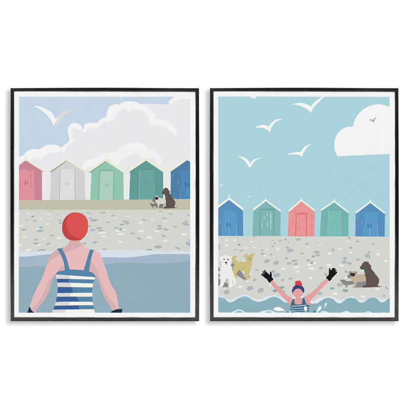 «Beach Changer Huts Dogs», ensemble de 2 estampes numériques encadrées par Betty Boynes, Giclée encadrée noir minuit
